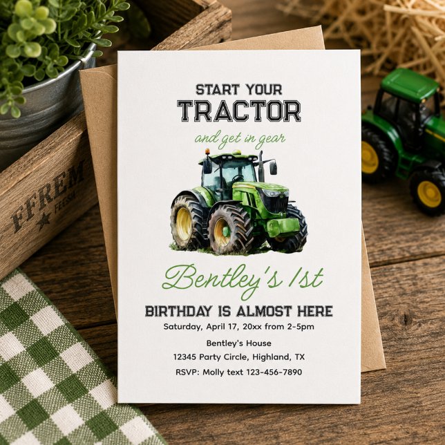 Convites Fazenda Azul Divertida Trator Verde Festa de 1º An (Fun Blue Farm Green Tractor 1st Birthday Party Invitation)