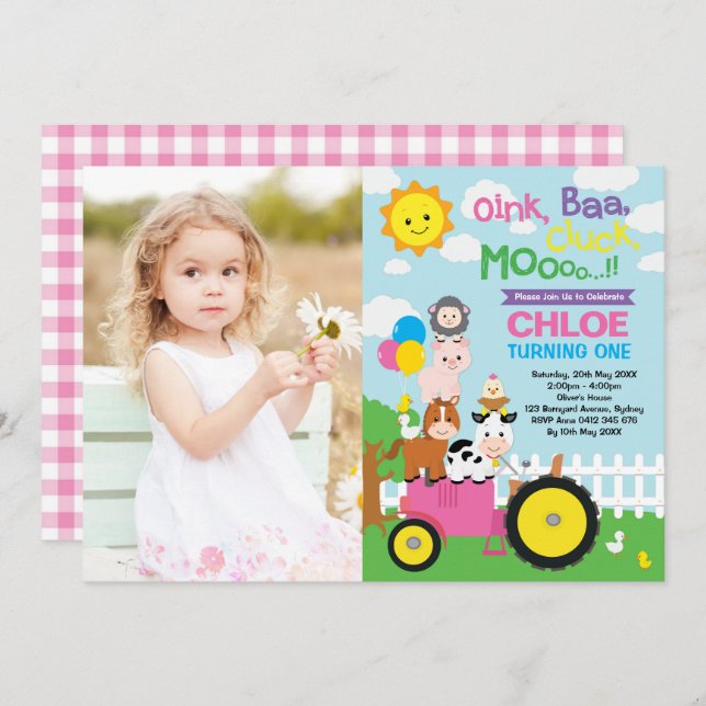 Convites Fazenda Barnyard Animal Antiga Garota MacDonald An (Frente/Verso)