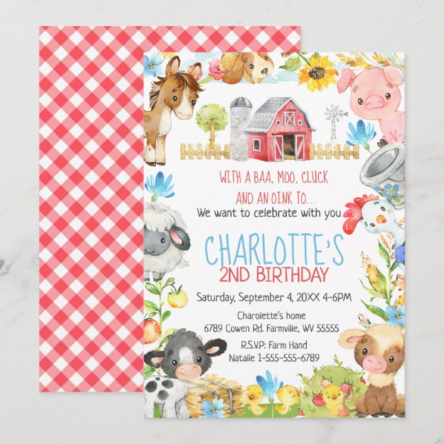Convites Fazenda Barnyard Animal Birthday (Frente/Verso)