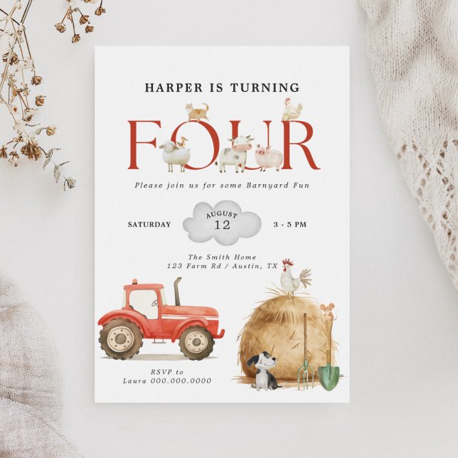 Convites Fazenda Barnyard Divertido Quarto Aniversário (Criador carregado)