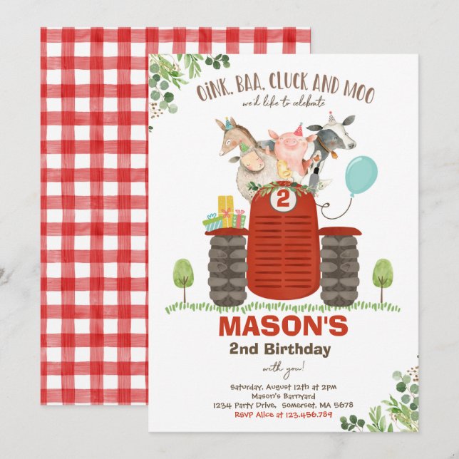 Convites Fazenda Birthday Boy Old MacDonald Barnyard Party (Frente/Verso)