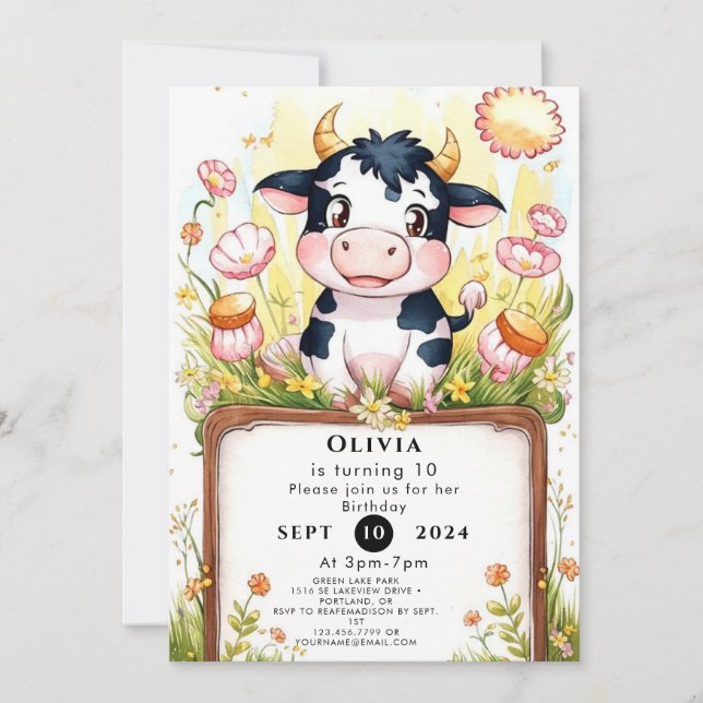 Convites Fazenda Boho Cow Birthday (Frente)