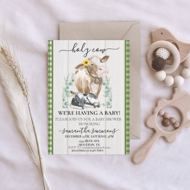 Convites Fazenda da Santa Vaca Chá de fraldas Gingham Green (Criador carregado)