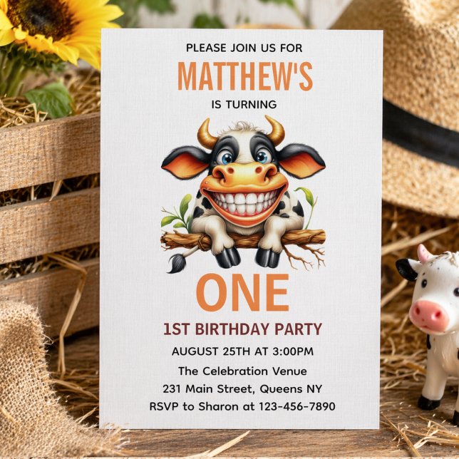 Convites Fazenda da Vaca Louca Fofa Tema de 1º Aniversário (Cute Crazy Cow Farm Theme 1st Birthday Invitation
)