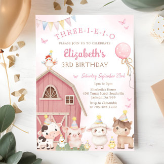 Convites Fazenda de Animais do Celeiro Rosa Aniversário de 