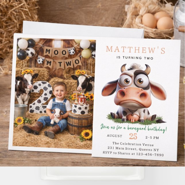 Convites Fazenda de Animais Fofos da Vaca Festa de Aniversá (Cute Cow Farm Animals 2nd Birthday Party Invitation
)