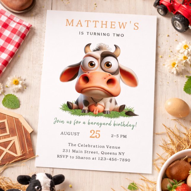 Convites Fazenda de Animais Fofos: Vaca - Festa de 2º Anive (Cute Cow Farm Animals 2nd Birthday Party Invitation
)
