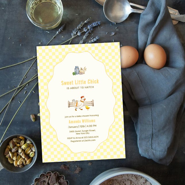 Convites Fazenda de Ginga Amarela Chamada Baby Shower do Pe (Yellow Gingham Farm Fresh Little Chick Baby Shower Invitation)