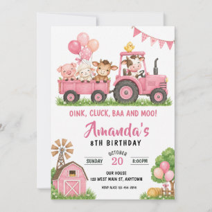 Convites Fazenda de Trator Rosa Animais do Celeiro Aniversá