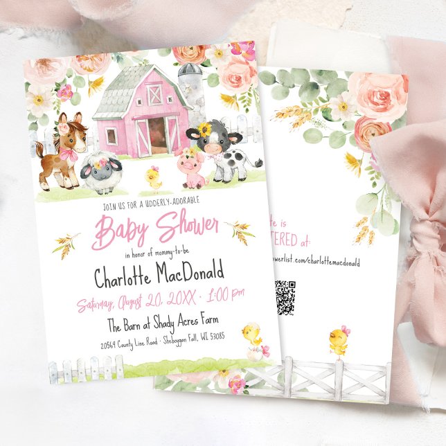 Convites Fazenda do Celeiro Rosa Animais do Quintal Chá de  (Udderly adorable watercolor floral pink barn farm animals cow chick sunflower bows baby girl shower)