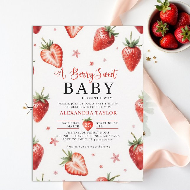 Convites Fazenda Doce Encantada em Aquarela Chá de Bebê (berry sweet baby shower invitation fruit strawberry theme art watercolor garden farmhouse chic)