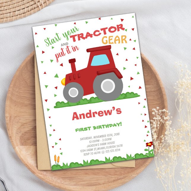 Convites Fazenda e placa de terceiro com ameaça de trator (Green Grass Tractor Birthday Invitations)
