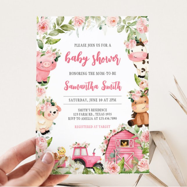 Convites Fazenda Floral Rosa Chá de fraldas (Floral Pink Barnyard Baby Shower Invitation)