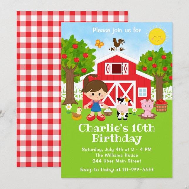 Convites Fazenda Red Barnyard Birthday Brown Hair Girl (Frente/Verso)