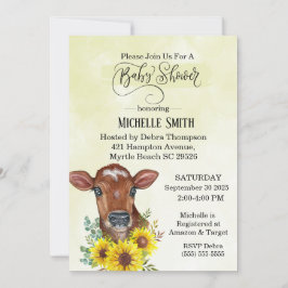 Convites Fazenda Vaca Girassol Amarelo Chá de fraldas de Aq