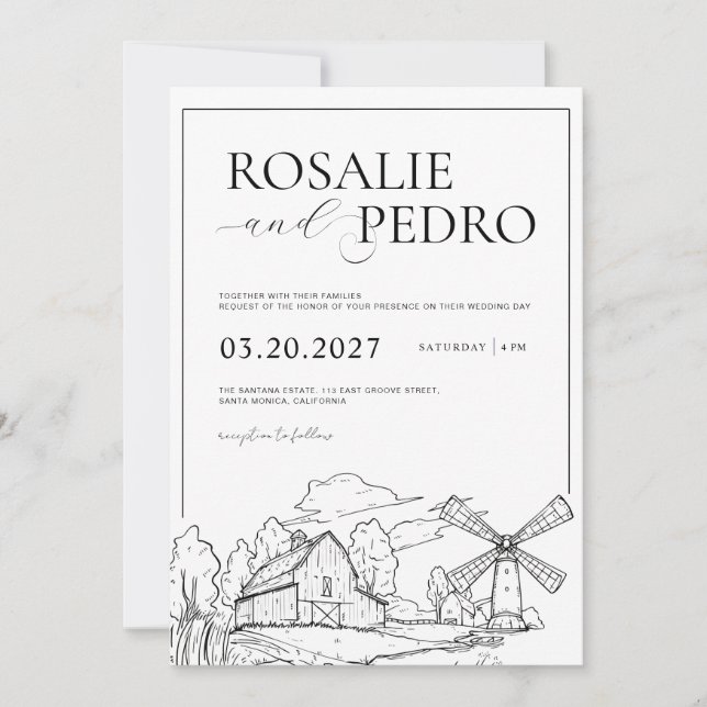 Convites Fazenda White Barn Arte Linear Casamento Rústico E (Frente)