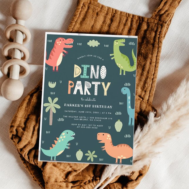 Convites Fazendo Aniversário com Dinossauros Fofos Azul (Criador carregado)