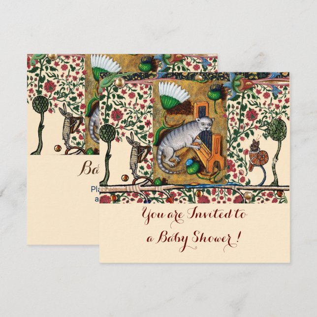 Convites FAZER DE MÚSICA ANIMALA CAT JOGANDO Chá de fraldas (Frente/Verso)