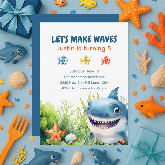 Convites Fazer Ondas Felizes Tubarão Sob O Aniversário Do M (Happy shark under the sea birthday party invitation)