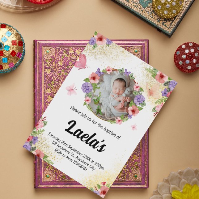 Convites Fé Flutuante: Foto do Batismo Moderno da Borboleta (Fluttering Faith: Modern Butterfly Baptism Photo Invitation)