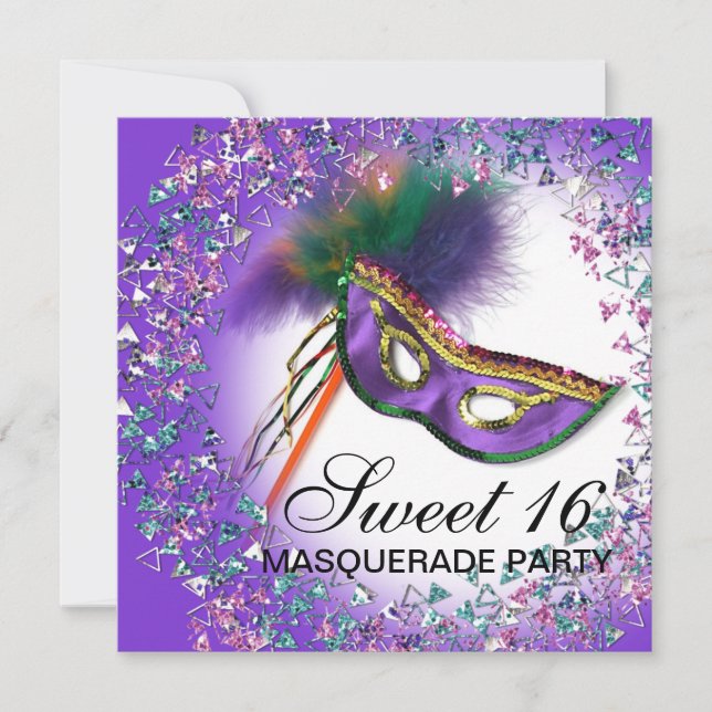 Convites Feather Mask Purple Sweet 16 Party Mascarada (Frente)