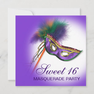 Convites Feather Mask Purple Sweet 16 Party Mascarada