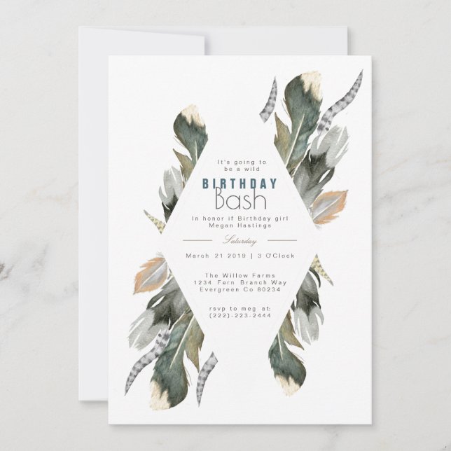 Convites Feather Watercolor | Boho Birthday Invite (Frente)