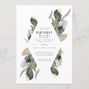 Convites Feather Watercolor   Boho Birthday Invite