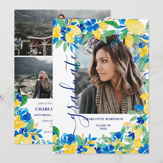 Convites Febre azul amarela limões florais (Frente/Verso)