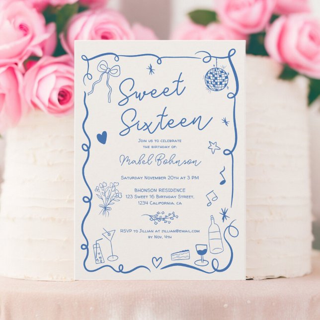 Convites Febre azul retrô desenhada em francês ilustrada Do (Retro blue French hand drawn illustrated Sweet 16 Invitation)