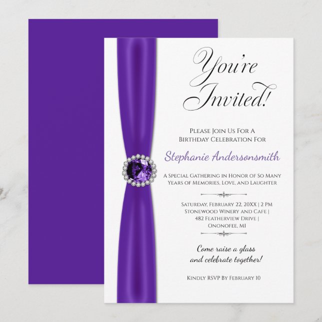 Convites February Birthday Celebration - Purple Amethyst | (Frente/Verso)