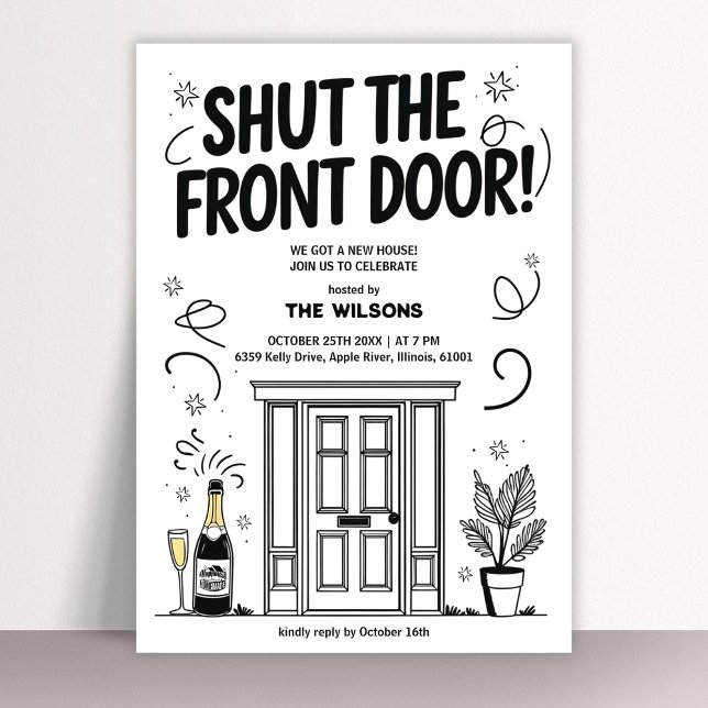 Convites Feche a Porta da Frente Nova Casa Engraçada Mudar- (Funny Housewarming Invitation Shut the Front Door! New Home Celebration Invite)