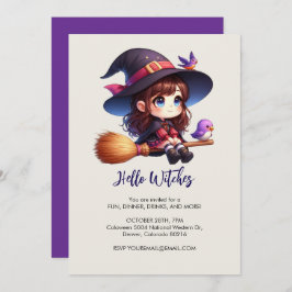 Convites Feiticeira Bonita Adorável com 2 pássaros, Hallowe