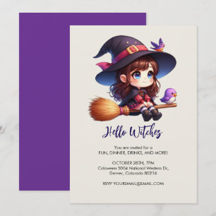 Convites Feiticeira Bonita Adorável com 2 pássaros, Hallowe