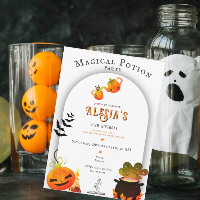 Convites Feiticeiros Lil's Witards & Potions Halloween Aniv (Wizards Witches Magical Potions Halloween Cauldron Pumpkin Birthday Invitation)