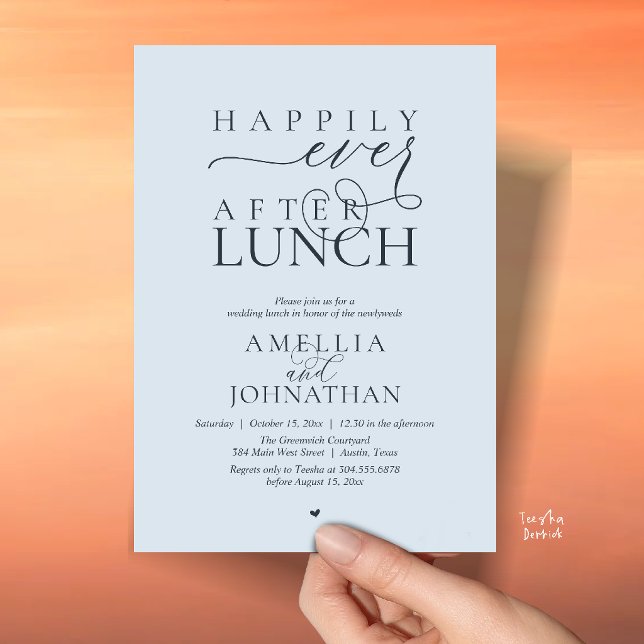 Convites Felicemente Depois do Almoço Casamento Moderno Fug (Happily Ever After Lunch Modern Wedding Elopement Invitation Card in misty blue)