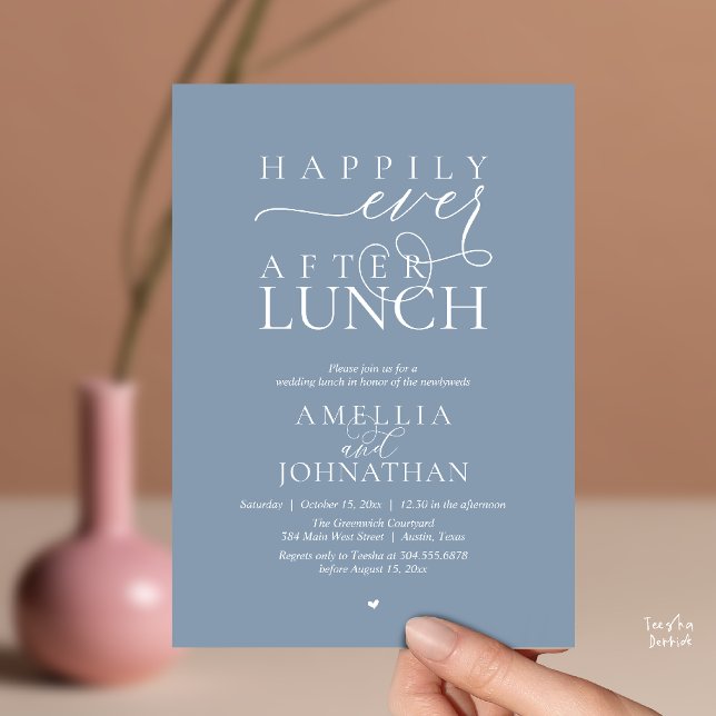 Convites Felicemente Depois do Almoço Casamento Moderno Fug (Happily Ever After Lunch Modern Wedding Elopement Invitation Card in dusty blue)