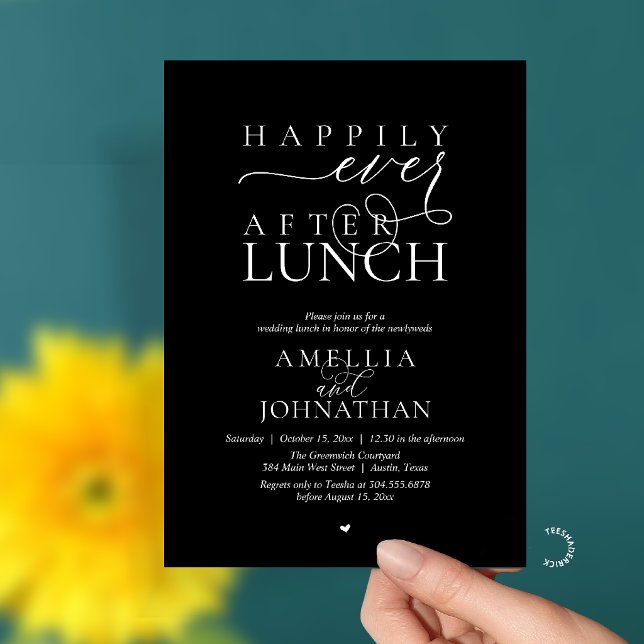 Convites Felicemente Depois do Almoço Fuga Romântica de Cas (Happily Ever After Lunch Modern Wedding Elopement Invitation Card in black and white)