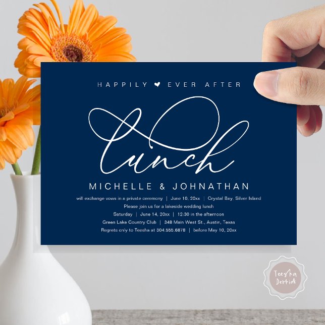 Convites Felicidade após o Almoço, Festa Romântica Moderna (Happily Ever After Lunch Invitation Card, PDF, Wedding Elopement, Romantic Heart, Classy Navy Blue)