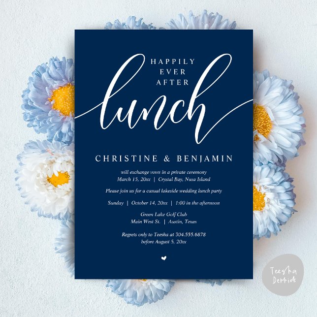 Convites Felicidade Após o Almoço, Fuga, Roteiro Moderno (Happily Ever After Lunch, Elopement Card, PDF, Modern Wedding, in Navy Blue)