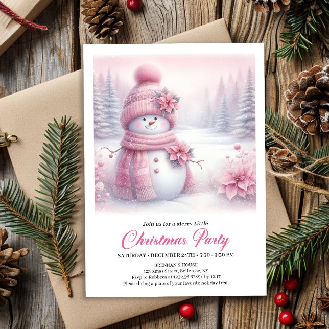 Convites Felicidade Boneca de Neve Rosa Comestível Natal  (Happy Pink Coquette Snowman Editable Christmas Invite File)