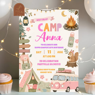 Convites Felicidade de Menina Acampamento Rosa Aniversário