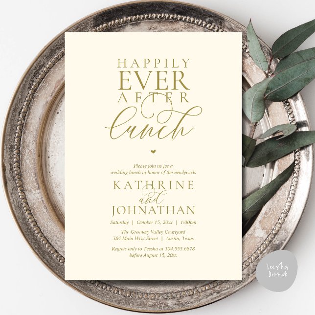 Convites Felicidade Eterna Após Almoço Casamento Clássico F (Happily Ever After Lunch Classy Wedding Elopement Invitation card in yellow gold)
