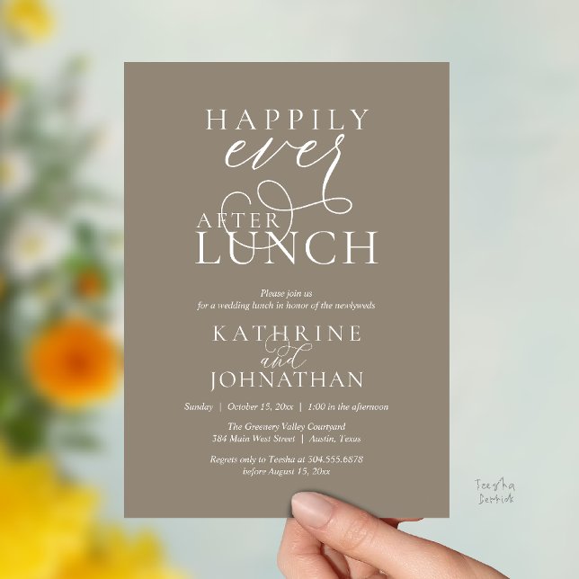 Convites Felicidade Eterna Após Almoço Pós-Casamento Fuga (Happily Ever After Lunch Post Wedding Elopement Invitation card, luncheon love laughter  Taupe brown)