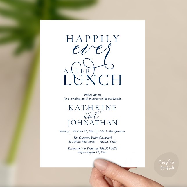Convites Felicidade Eterna Após Almoço Pós-Casamento Fuga (Happily Ever After Lunch Post Wedding Elopement Invitation card, luncheon love laughter  navy blue)