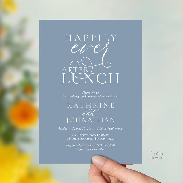 Convites Felicidade Eterna Após Almoço Pós-Casamento Fuga (Happily Ever After Lunch Post Wedding Elopement Invitation card, luncheon love laughter  dusty blue)