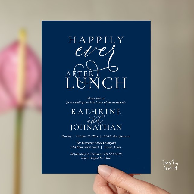 Convites Felicidade Eterna Após Almoço Pós-Casamento Fuga (Happily Ever After Lunch Post Wedding Elopement Invitation card, luncheon love laughter  navy blue)
