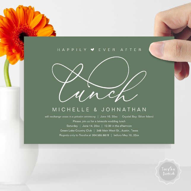 Convites Felicidade Eterna Após o Almoço, Festa Romântica M (Happily Ever After Lunch Invitation Card, PDF, Wedding Elopement, Romantic Heart, Forest Sage Green)