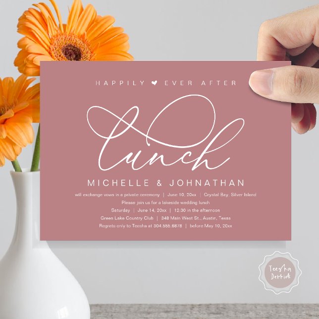 Convites Felicidade Eterna Após o Almoço, Festa Romântica M (Happily Ever After Lunch Invitation Card, PDF, Wedding Elopement, Romantic Heart, Dusty Rose Pink)