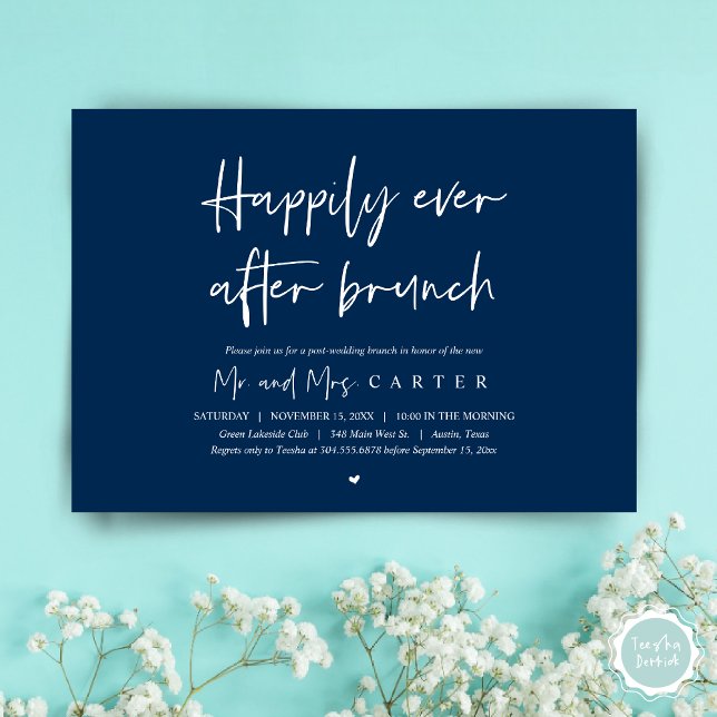 Convites Felicidade eterna após o brunch, moderno pós-casam (Happily ever after brunch, Modern post wedding Invitation Card, PDF, in timeless Navy Blue)